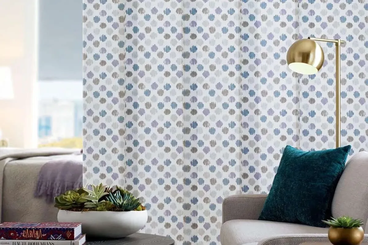 Living room with patterned curtains, sofa, gold lamp, and succulent plants.