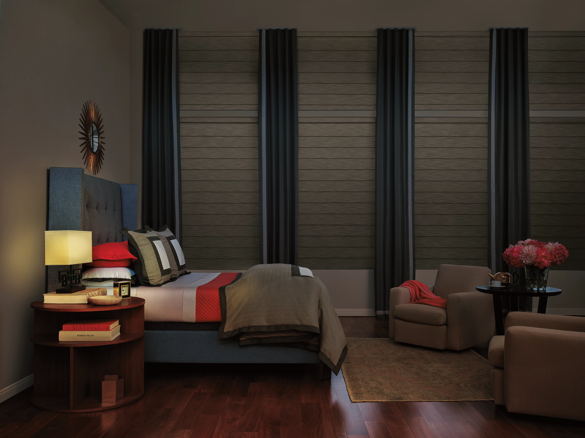 Hunter Douglas Vignette® Roman Shades in a dark color-blocked bedroom near Alpharetta, Goergia.