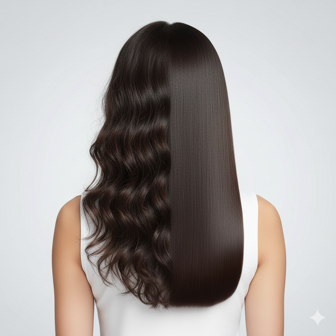 Acconciatura bicolore: metà capelli neri mossi e metà neri lisci, su sfondo bianco