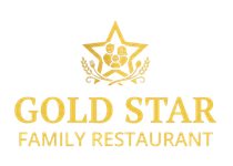 Gold-toned logo for Gold Star Family Restaurant featuring a central star, family icon, and wheat stalks on a white background.