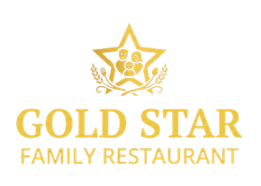 Gold-toned logo for Gold Star Family Restaurant featuring a central star, family icon, and wheat stalks on a white background.