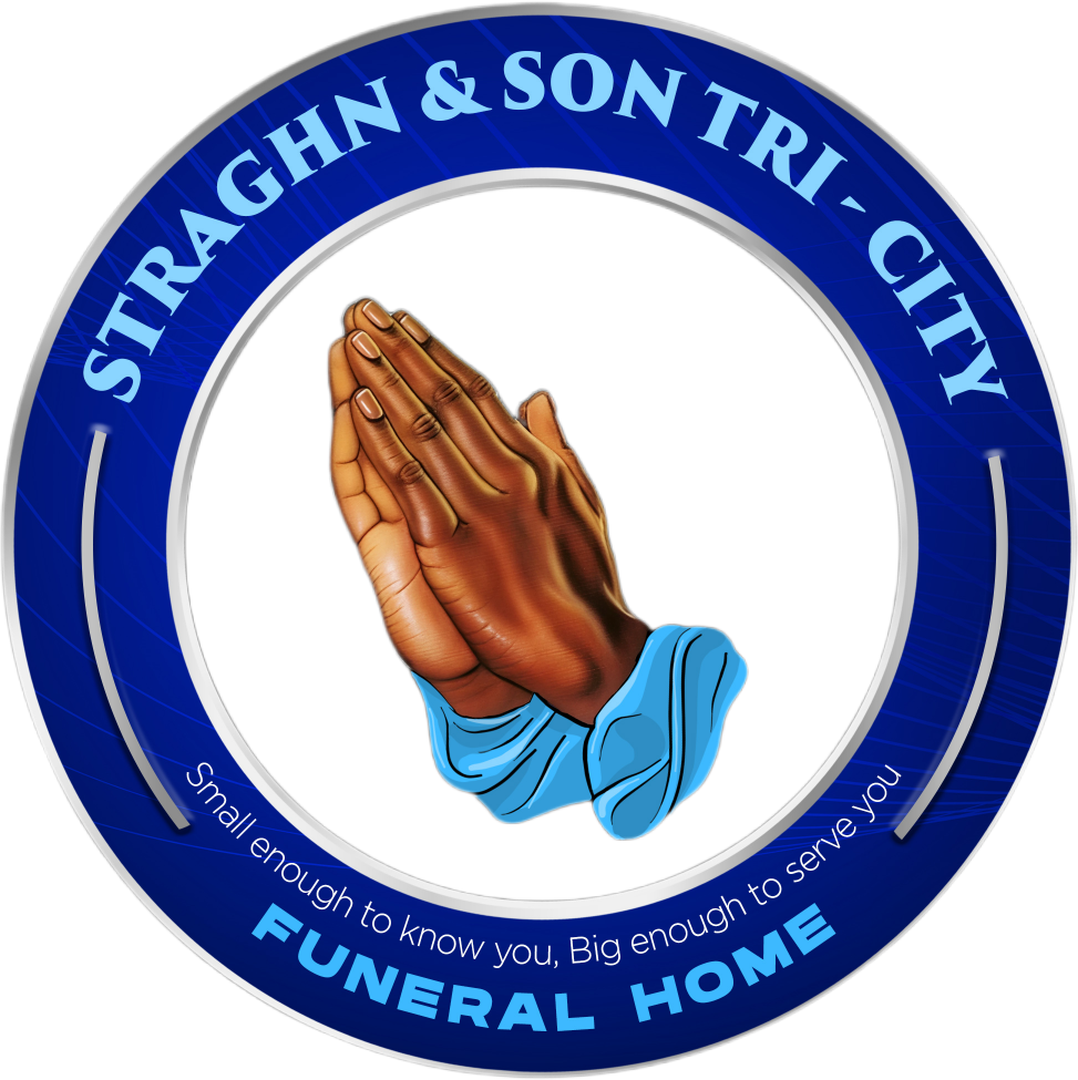 Logo for "Straghn & Son Tri-City Funeral Home": praying hands inside a blue circle with text.