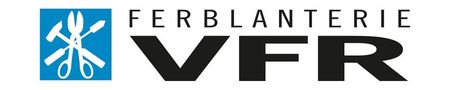Logo de Ferblanterie VFR. Carré bleu avec outils et ciseaux. Lettres noires sur fond blanc : « Ferblanterie VFR ».