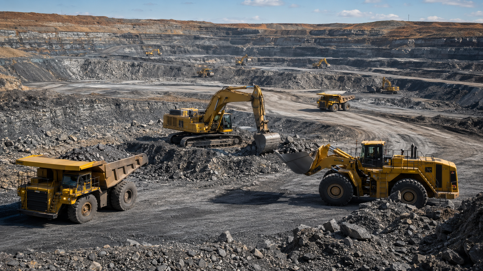 Refurbished mining equipment operating in a large open-pit mine