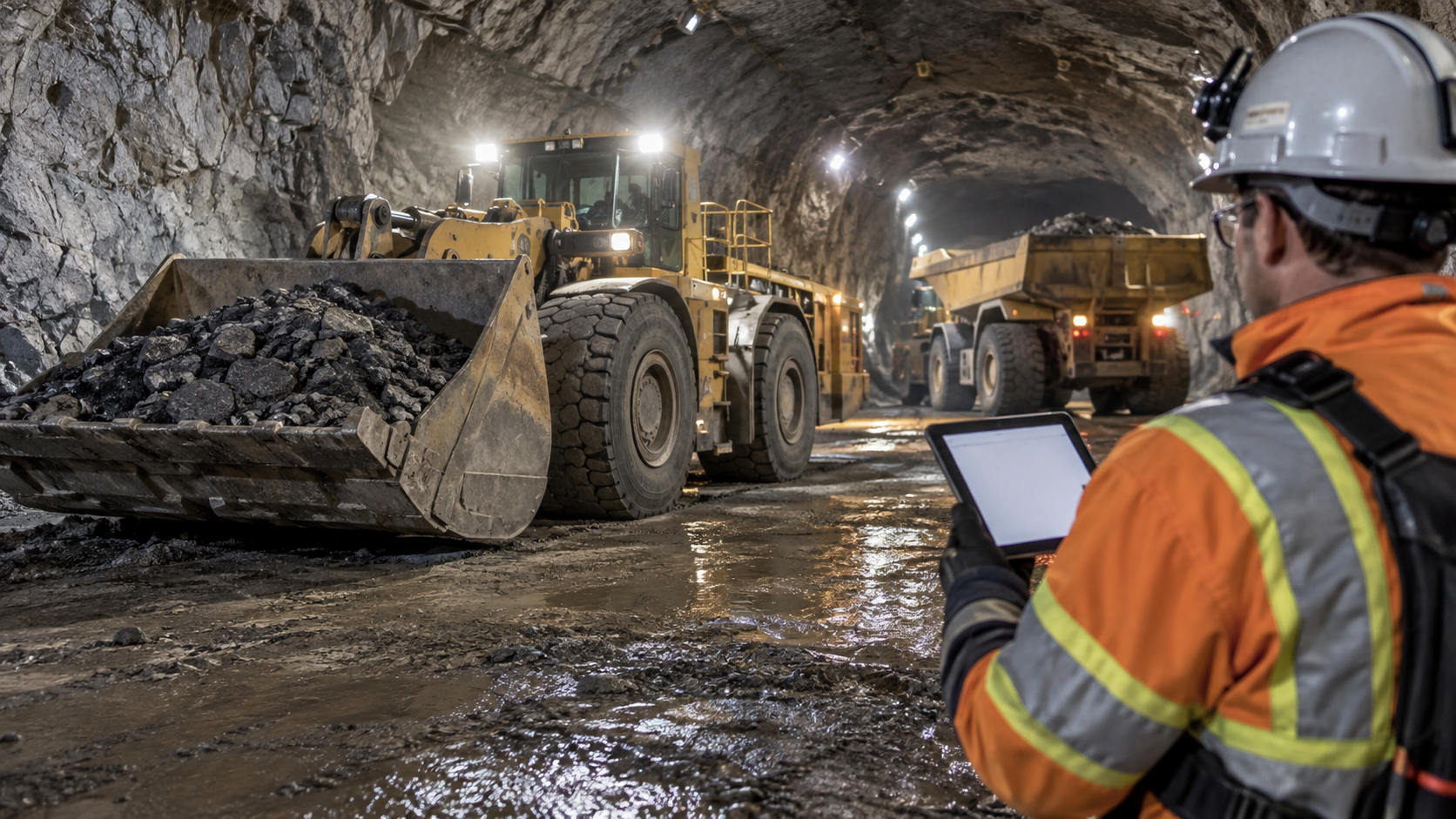 Supervisor inspecting underground mining equipment with loader and haul truck