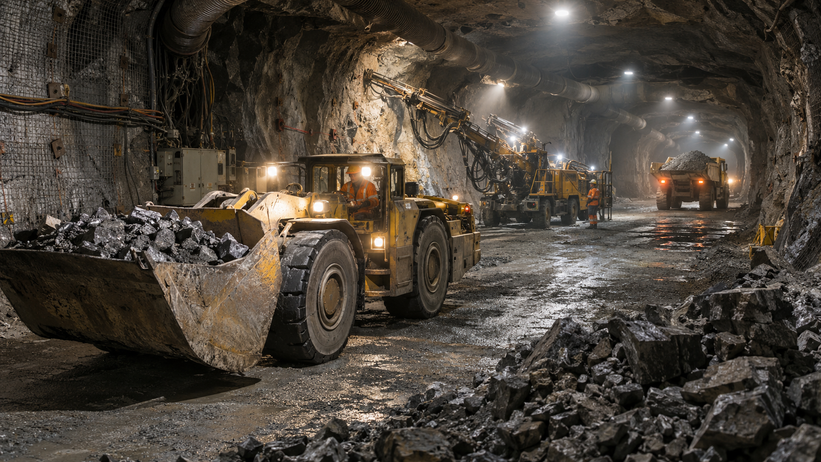 Underground mining equipment with loader, drill jumbo, and haul truck in a mine tunnel