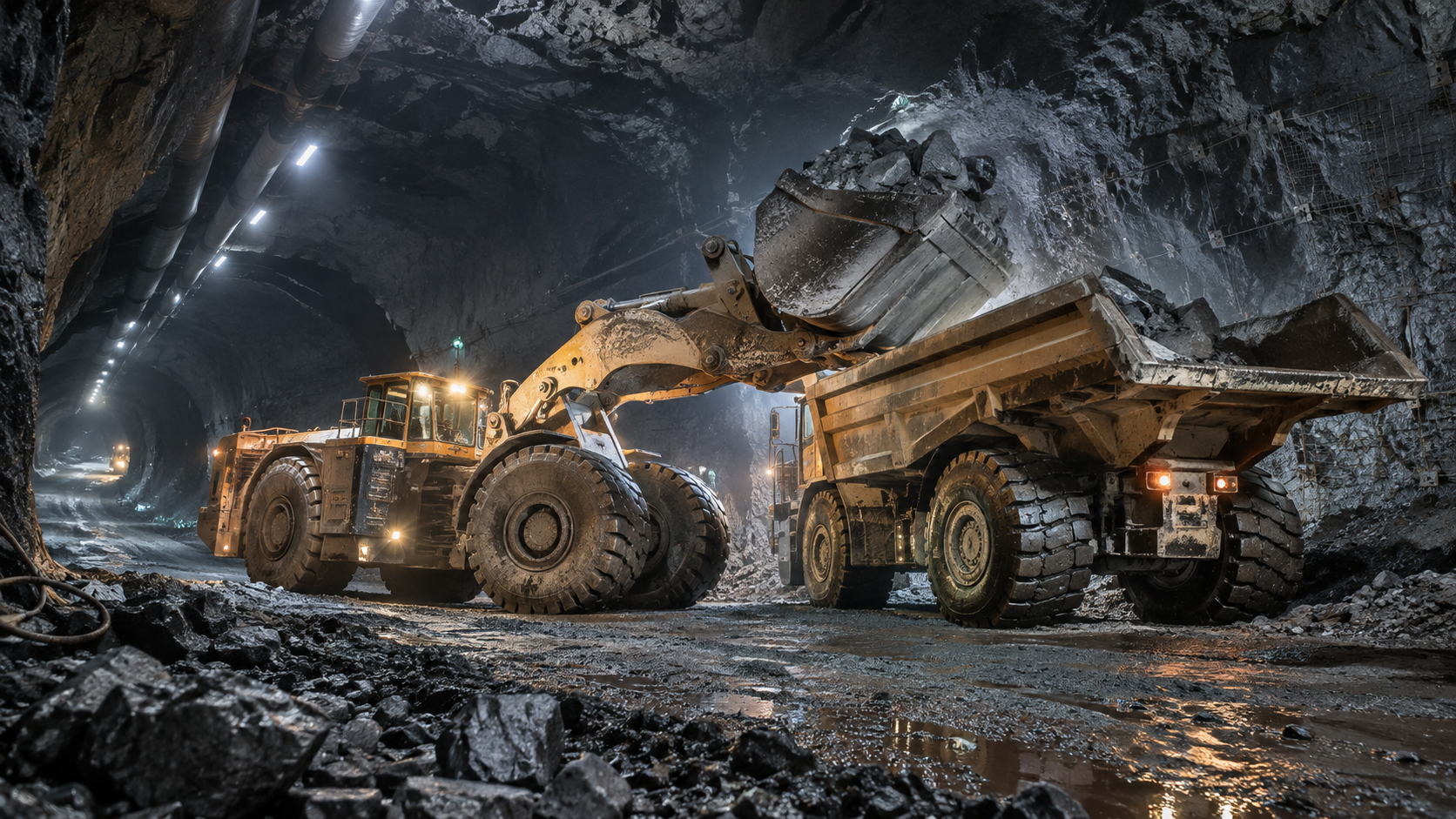 Underground mining loader transferring rock into a haul truck inside a mine tunnel