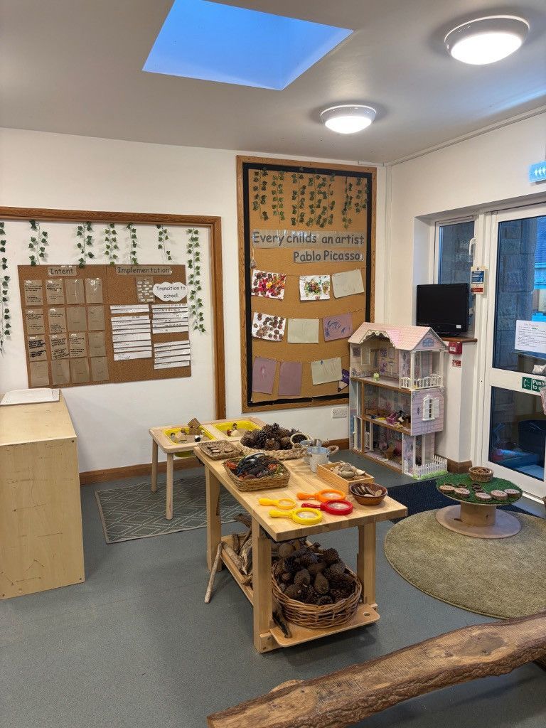 A children's playroom with tables of toys, a dollhouse, corkboards, and a skylight.