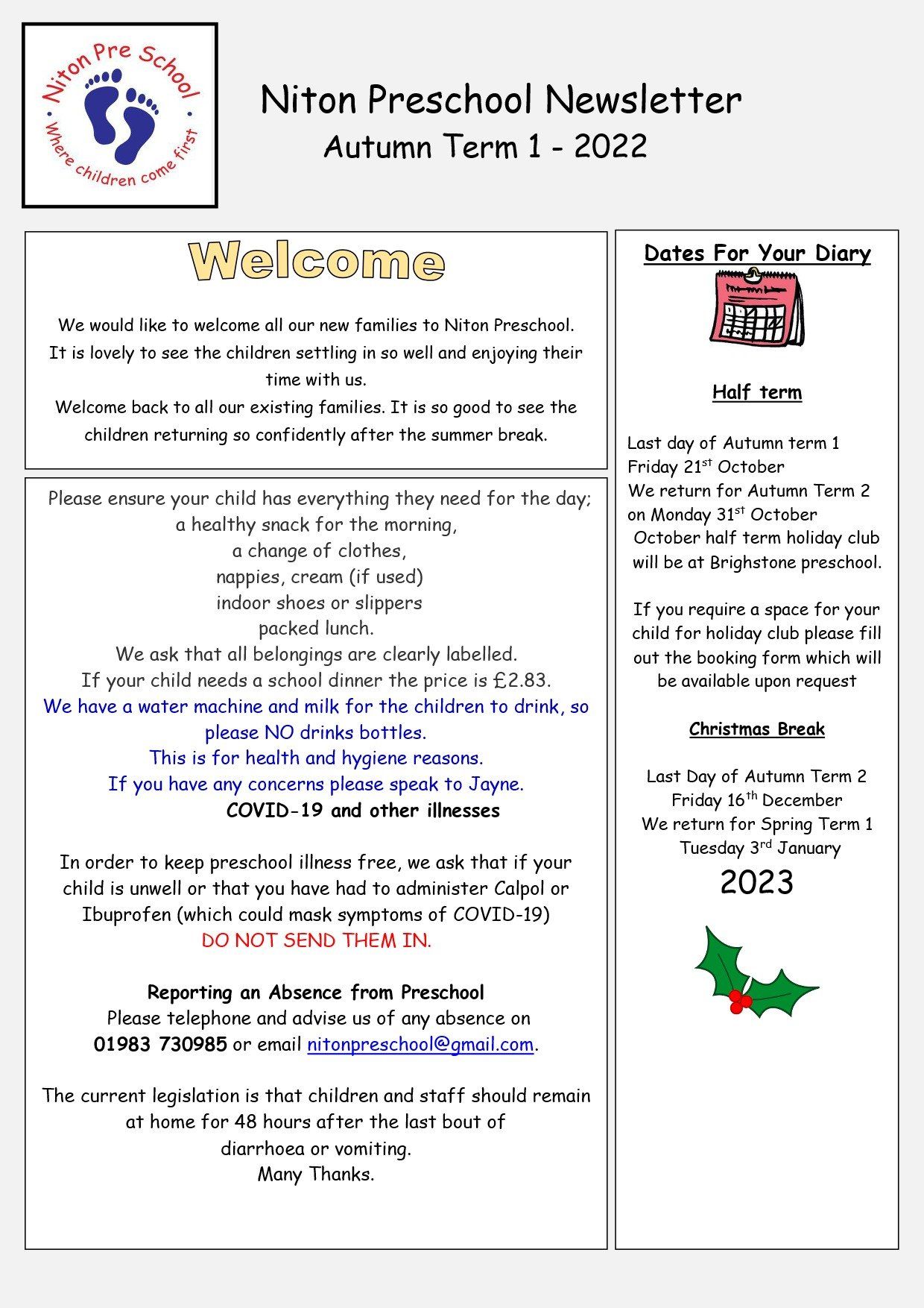 It is a preschool newsletter for autumn term 1 - 2022.