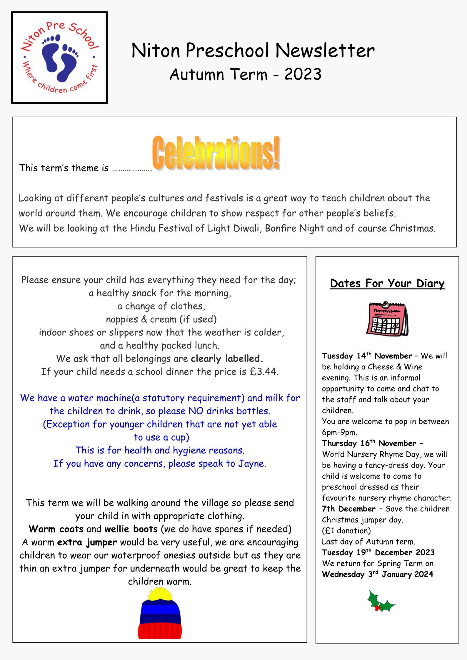 A page of a preschool newsletter with a picture of a flag on it.