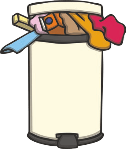 A cartoon illustration of a trash can filled with clothes.