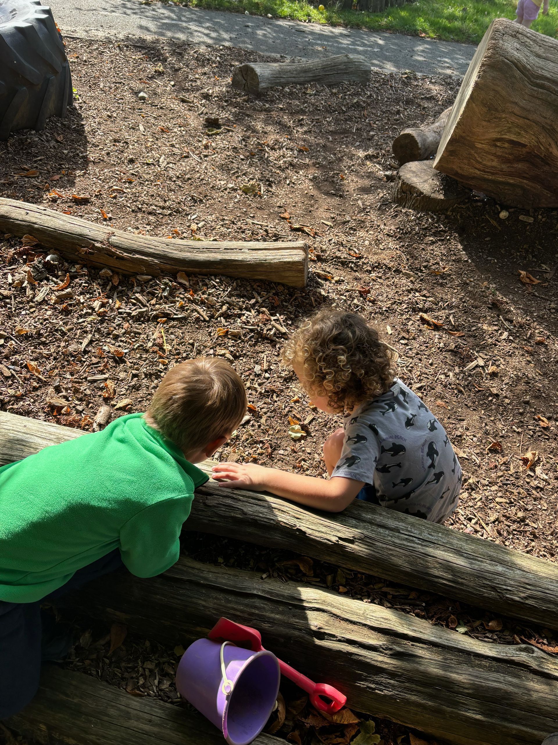 Two young boys are playing on a log in the dirt.