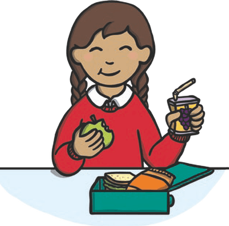 A girl is eating an apple and drinking grape juice