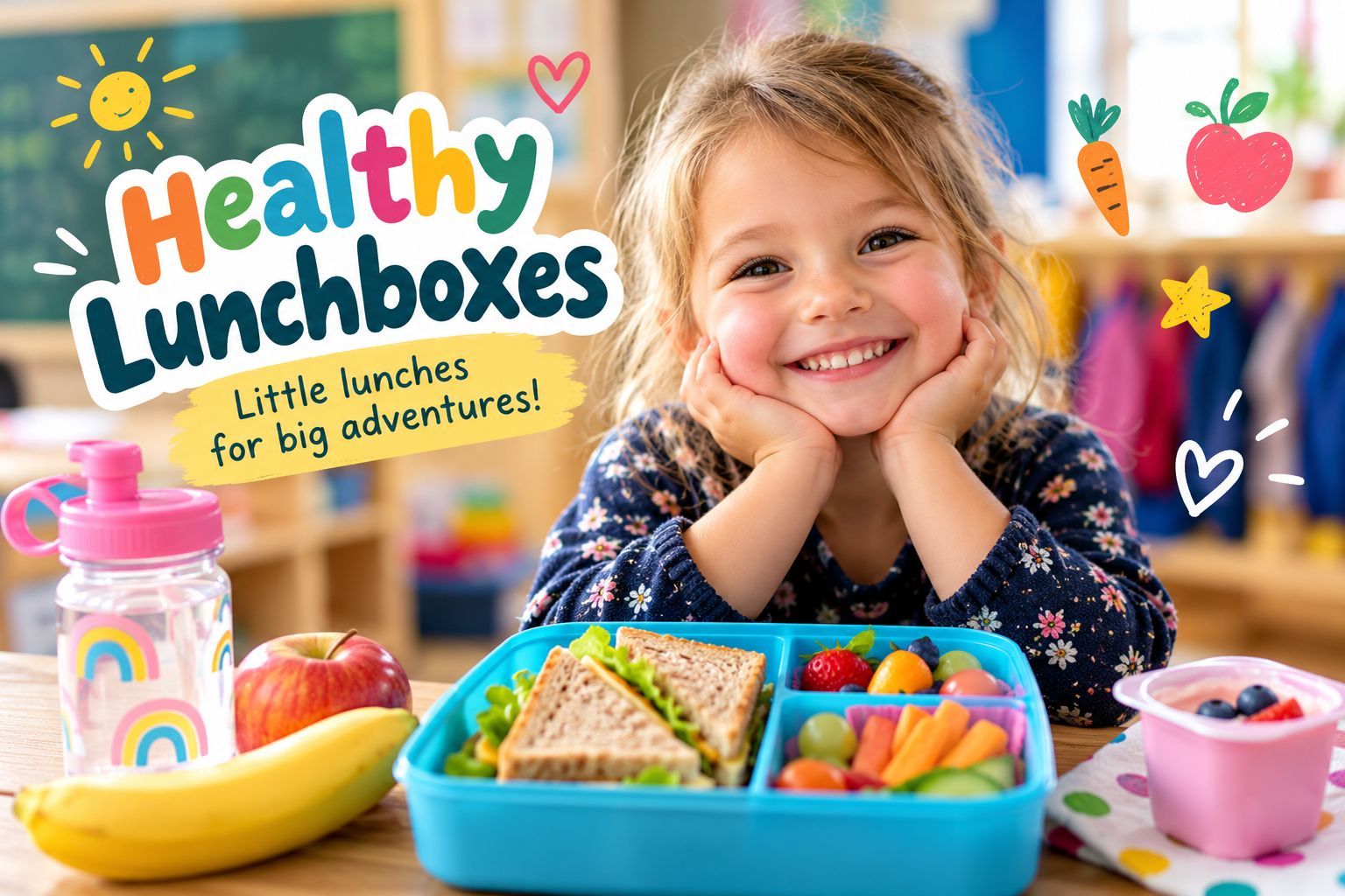 Happy child smiling behind a colorful lunchbox with fruit and snacks, “Healthy Lunchbox” text above