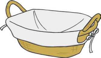 A cartoon drawing of a laundry basket with two handles.