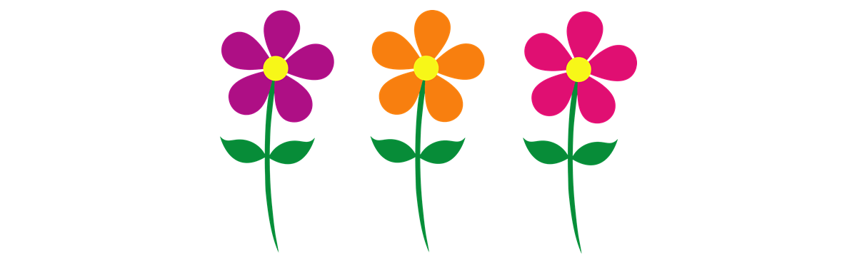 Three colorful flowers with green stems on a white background