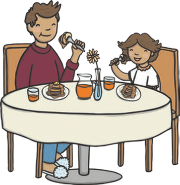 A man and a girl are sitting at a table eating food