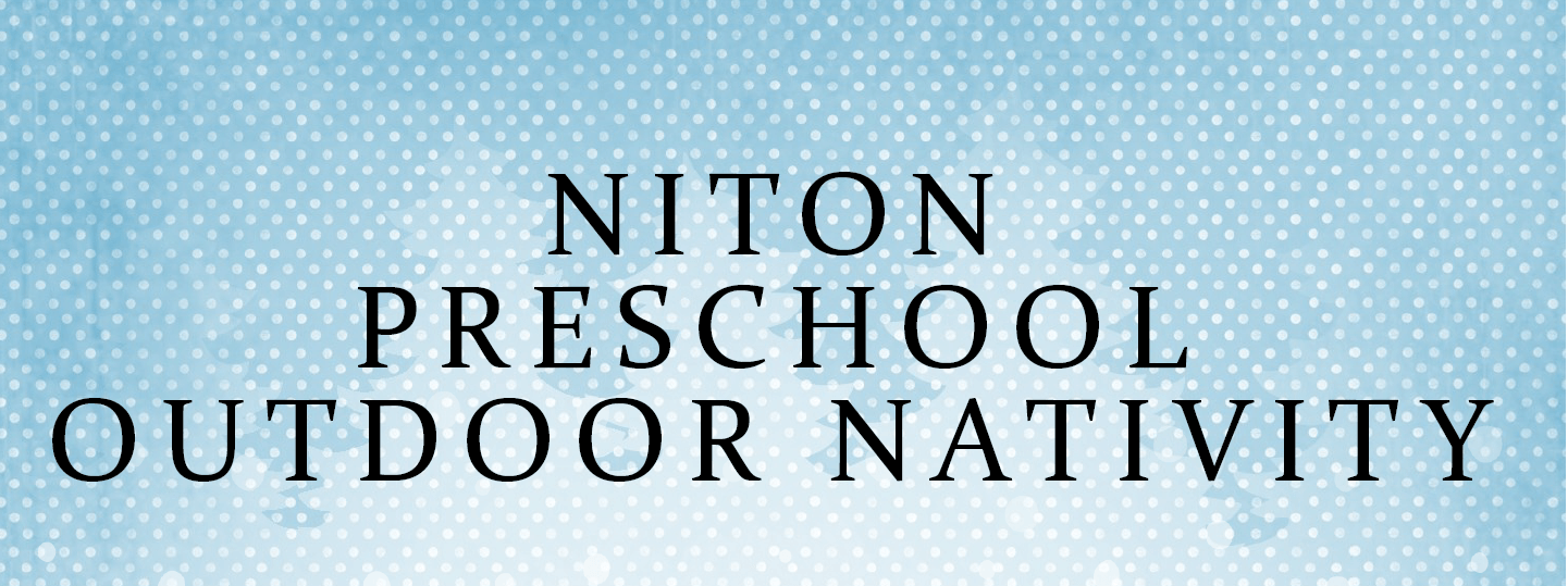 A logo for niton preschool outdoor nativity on a blue background