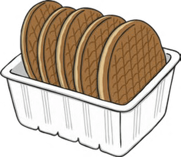 A white plastic container filled with a stack of waffle cookies.