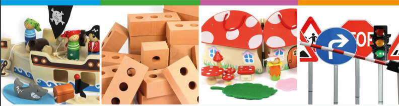 A collage of toys including a pirate ship dominoes and a mushroom house