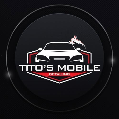 Logo for Tito's Mobile Detailing, featuring a white car on a dark circular background with red accents