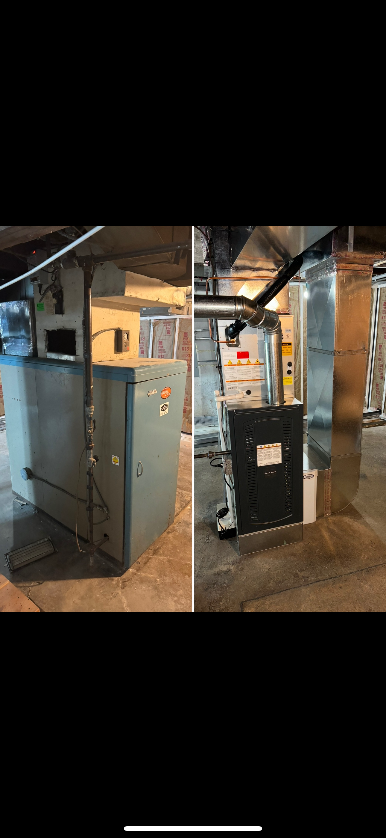 A before and after picture of a heating system in a basement.