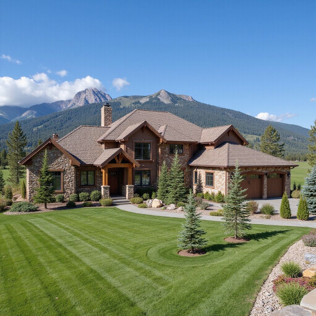 Large brown house with stone facade, green lawn, and mountain backdrop.
