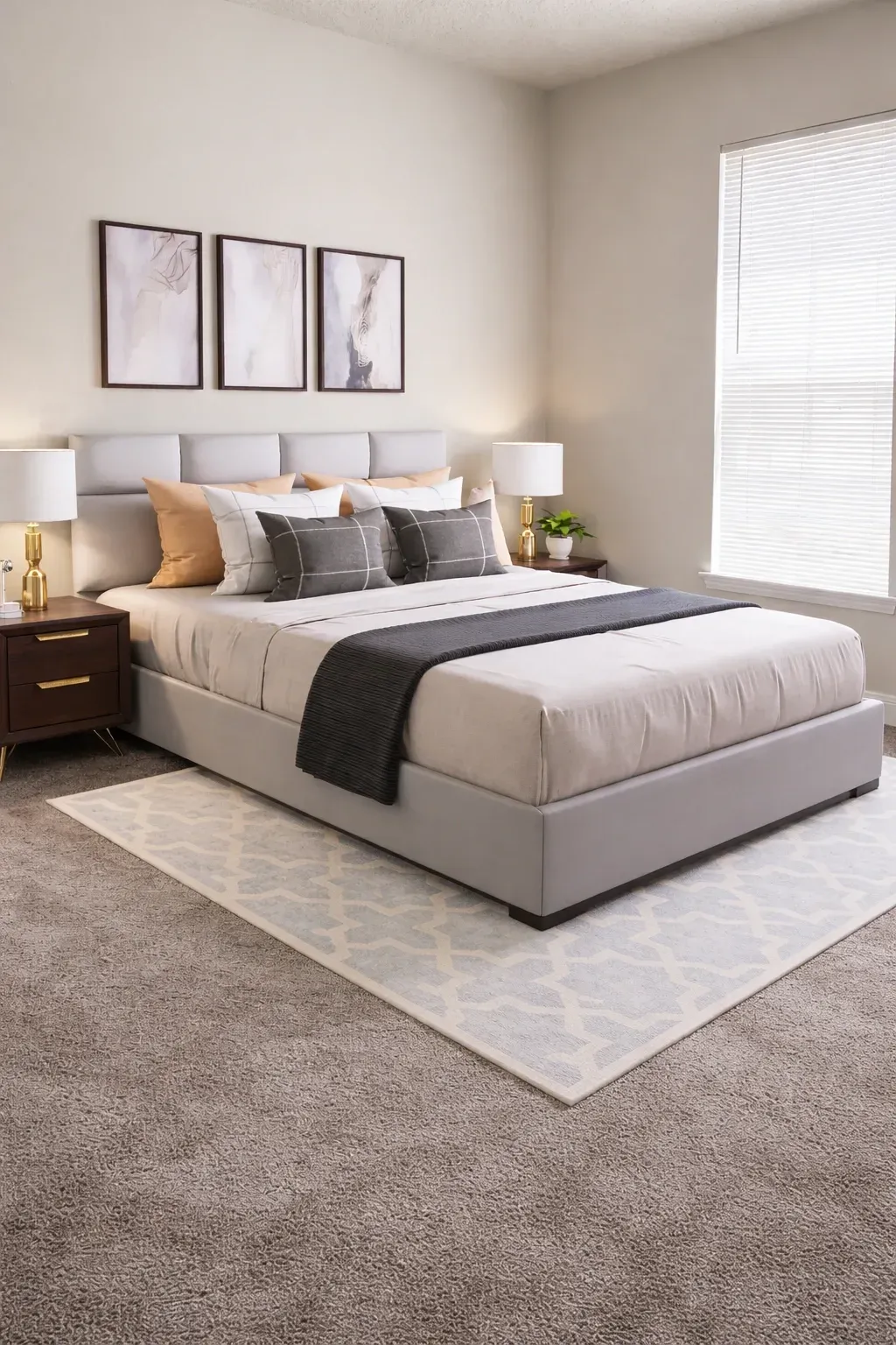 A beautifully staged bedroom with a king-sized bed, nightstands, and abstract art.