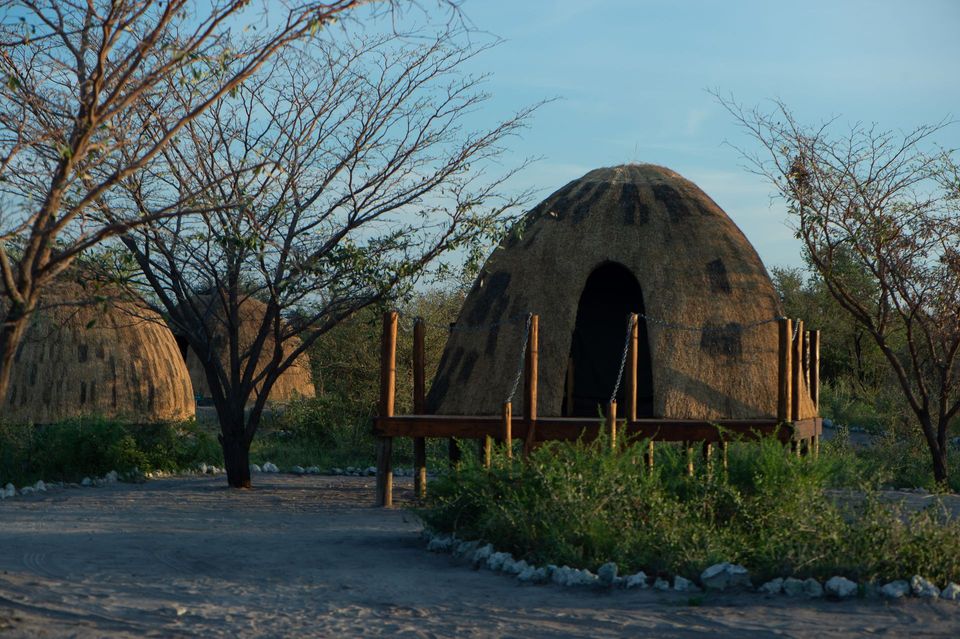 Round thatched hut with a wooden door in a sunny, sandy clearing surrounded by green shrubs