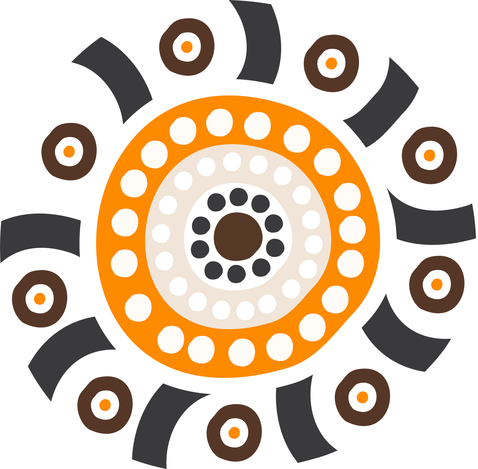 A stylized circular emblem with a central dark circle, concentric rings of white and orange dots, and outer gray segments.