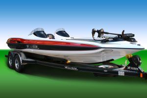 A white and red boat on a black trailer, with a blue and green background.