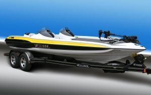 White and yellow bass boat on a black trailer, blue background.