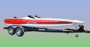 Red and white Allison speedboat on a black trailer, parked outside.