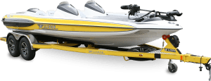 A white and yellow bass boat on a yellow trailer.