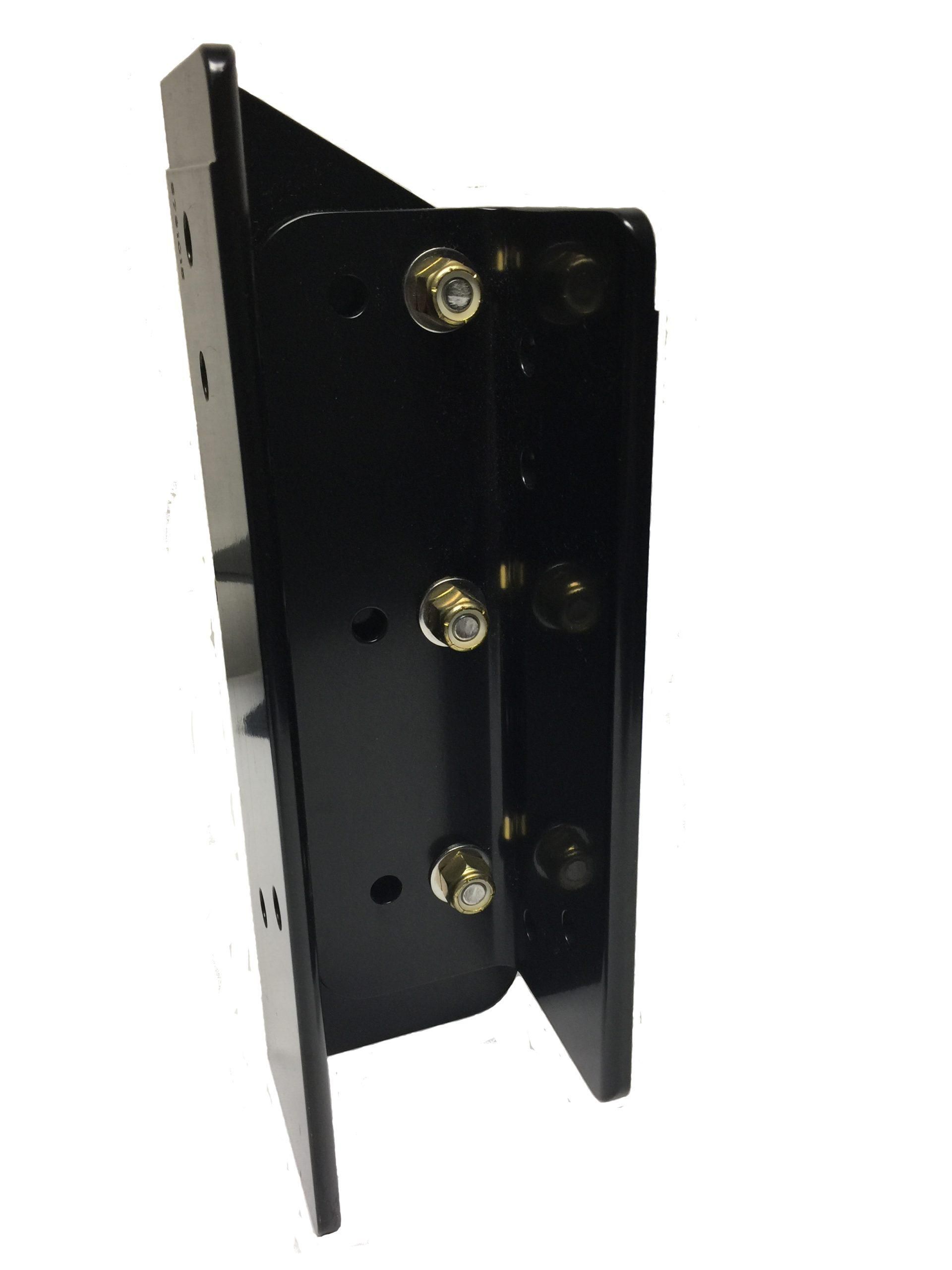 Black metal bracket with bolts, likely for mounting or support.