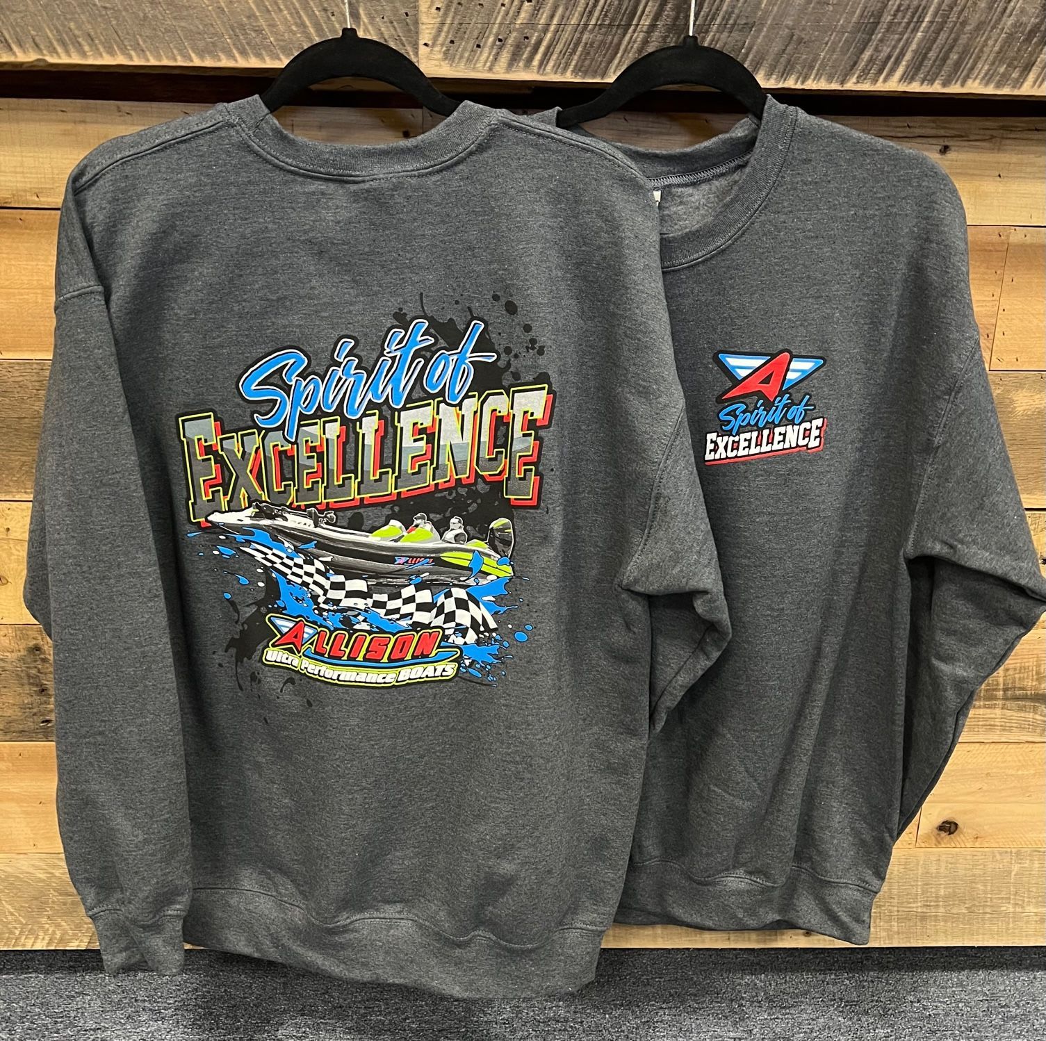 Two gray sweatshirts with 