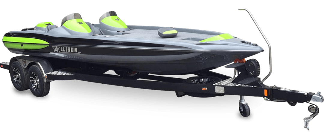 Black and green bass boat on a black trailer, against a white background.
