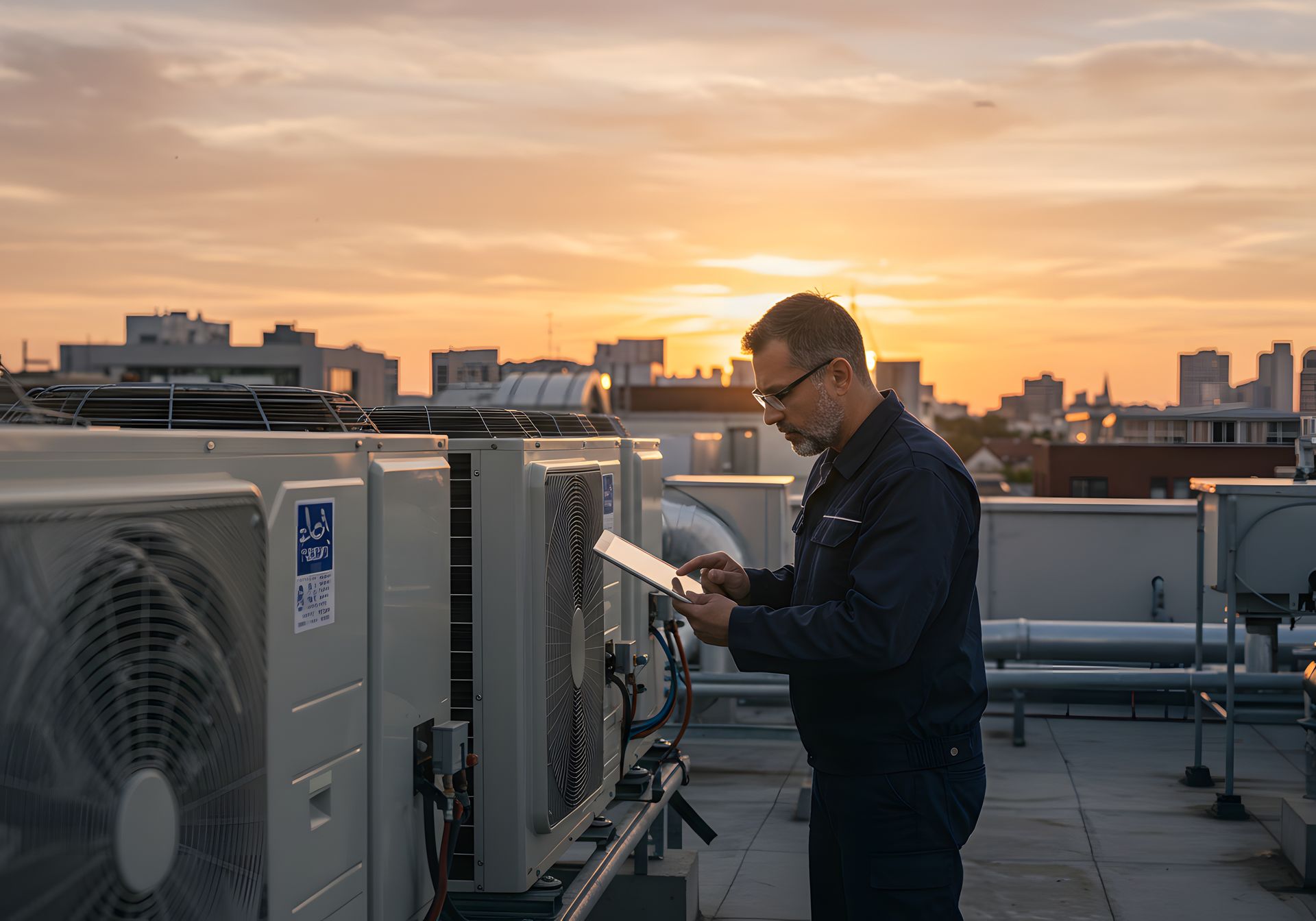 An HVAC contractor performing system maintenance on a rooftop unit with a tablet. An HVAC contractor performing system maintenance on a rooftop unit with a tablet.