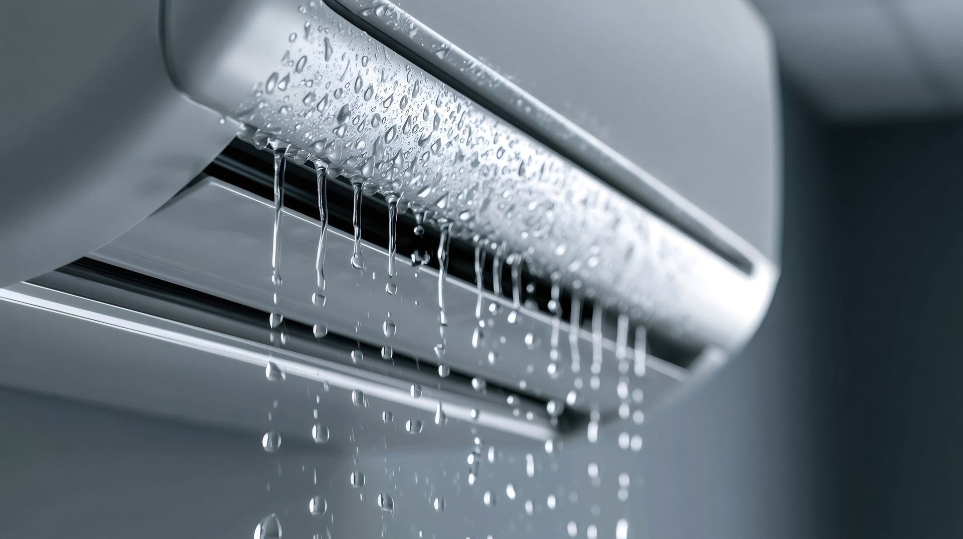 Leaking indoor air conditioning unit with visible condensation and water runoff.