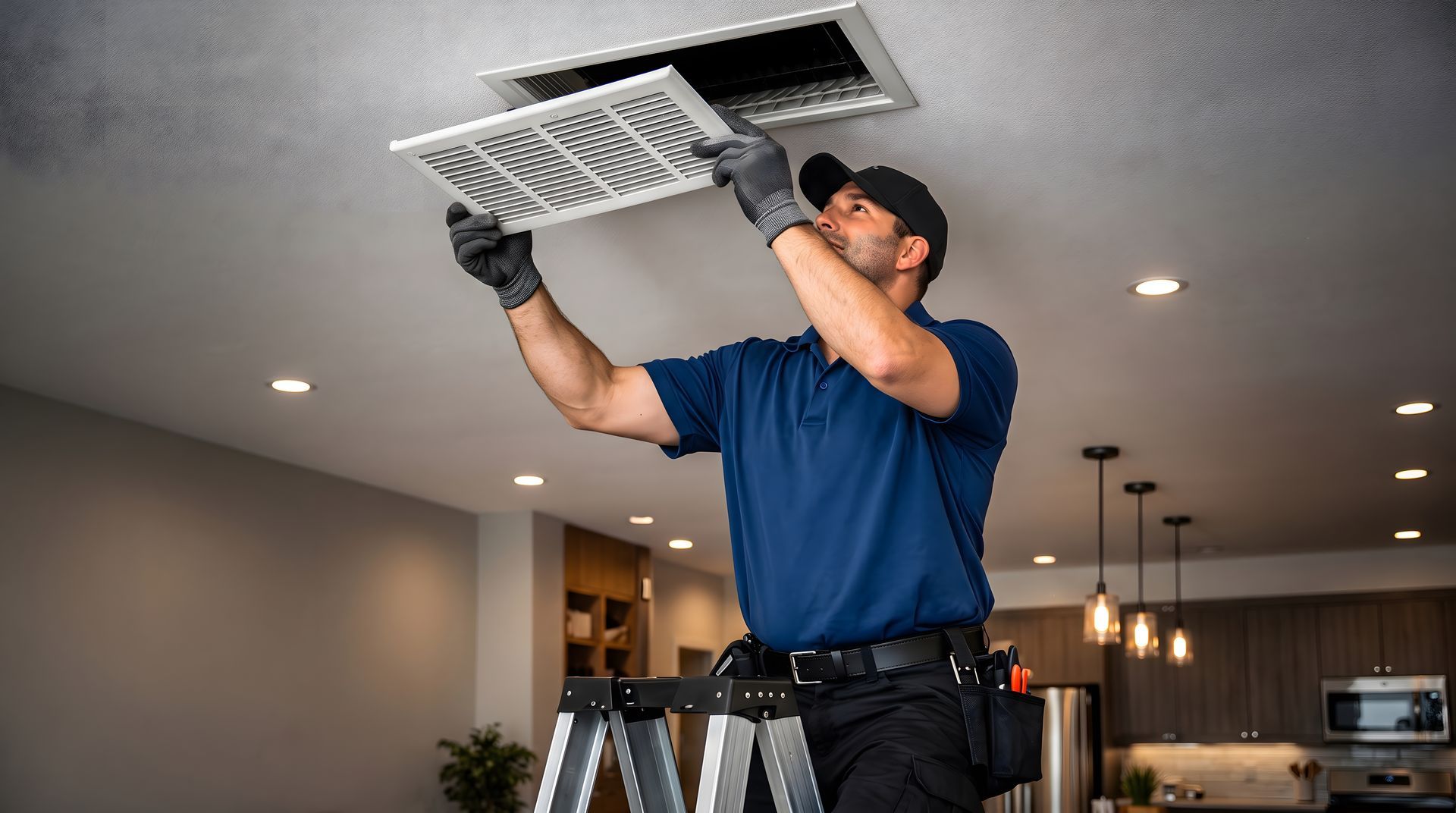 HVAC technician replacing a ceiling air vent cover during routine maintenance service.