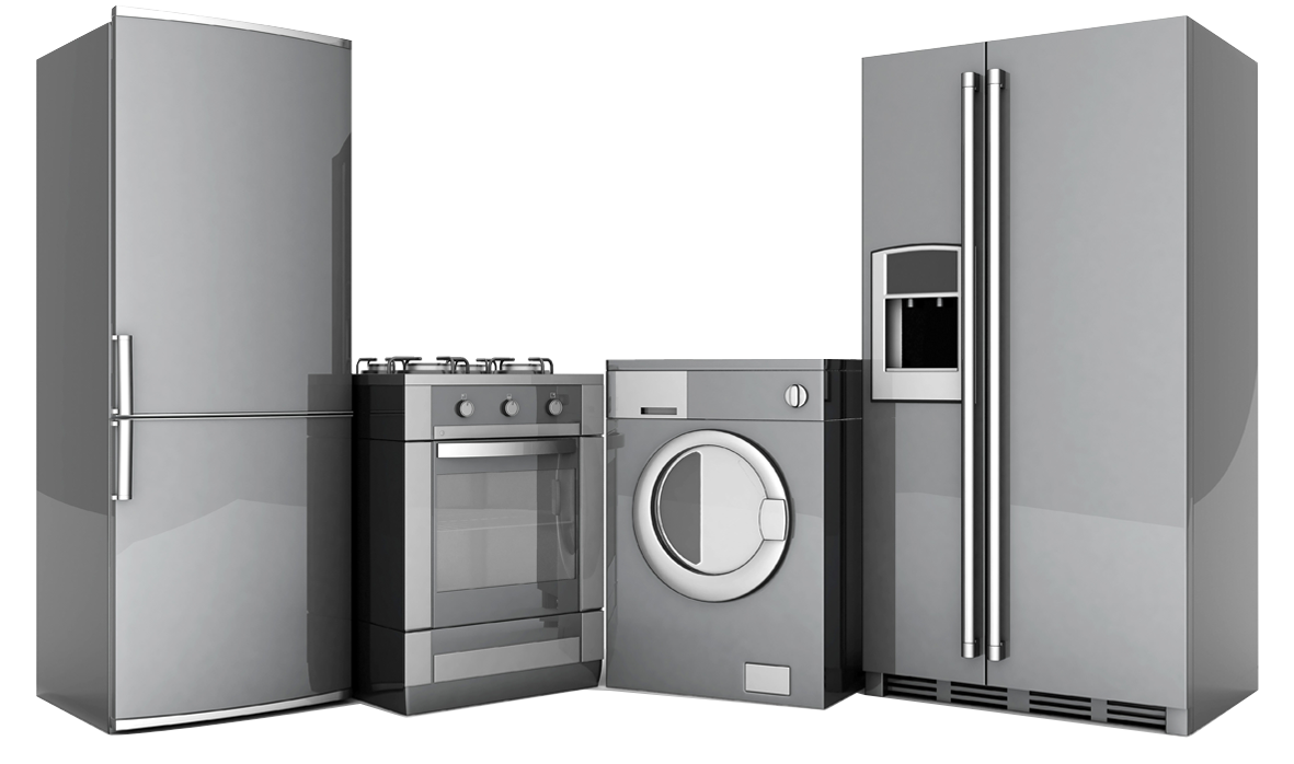 A refrigerator , stove , washer and dryer are sitting next to each other on a white background.