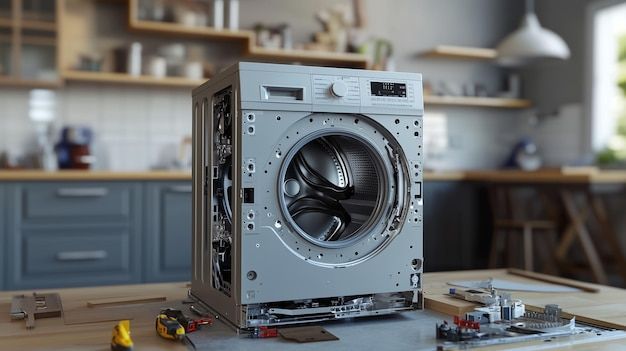 A washing machine is being repaired in a kitchen.