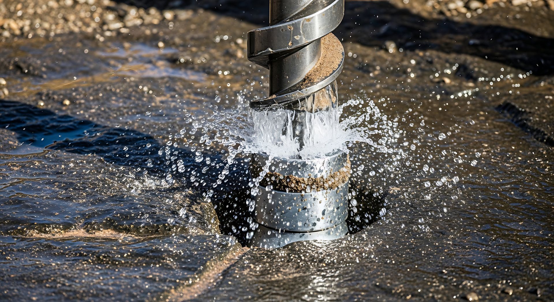 Close-up of a steel drilling auger pulling water and sediment upward, splashing from a wellbore.
