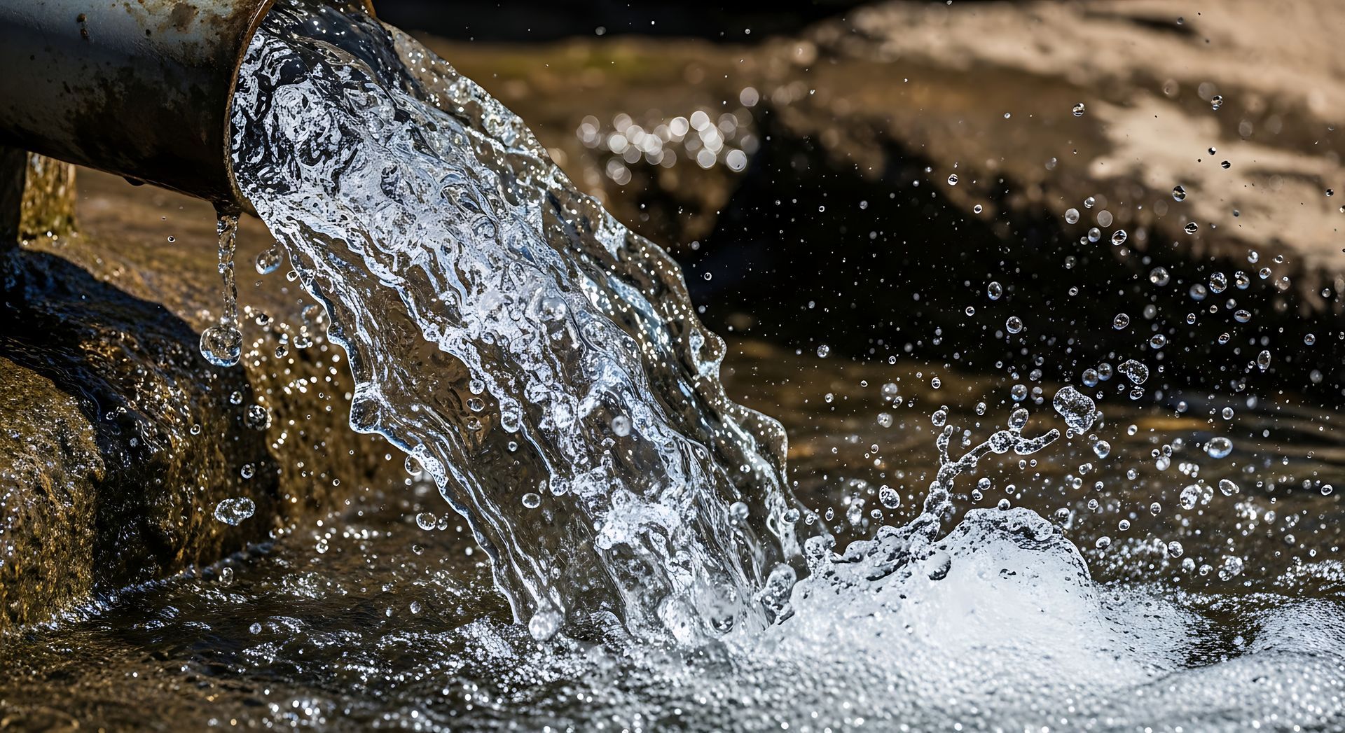 A strong stream of clear water gushes from a weathered metal pipe, splashing onto wet rocks below.