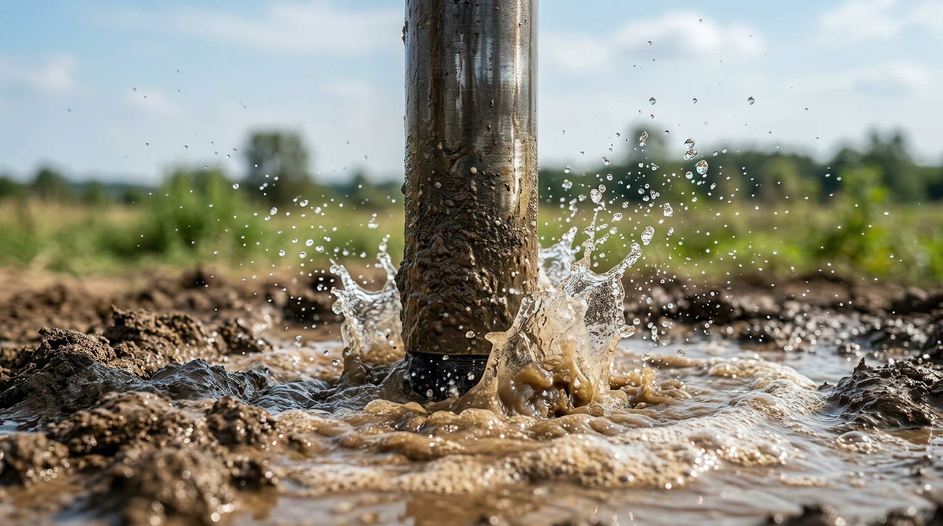 Drilling pipe penetrating muddy ground with water splashing to access groundwater.