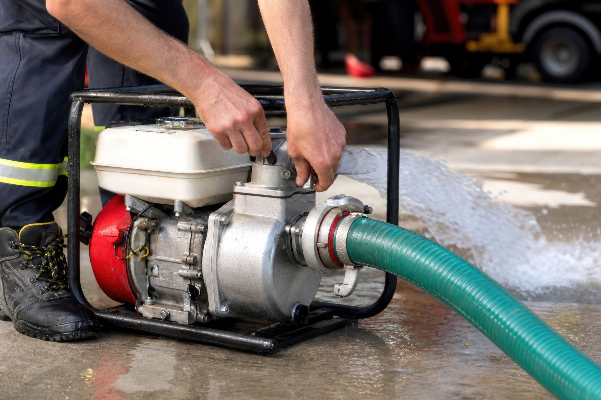 A worker's hands tighten a fitting on a portable gas-powered pump discharging water via green hose.