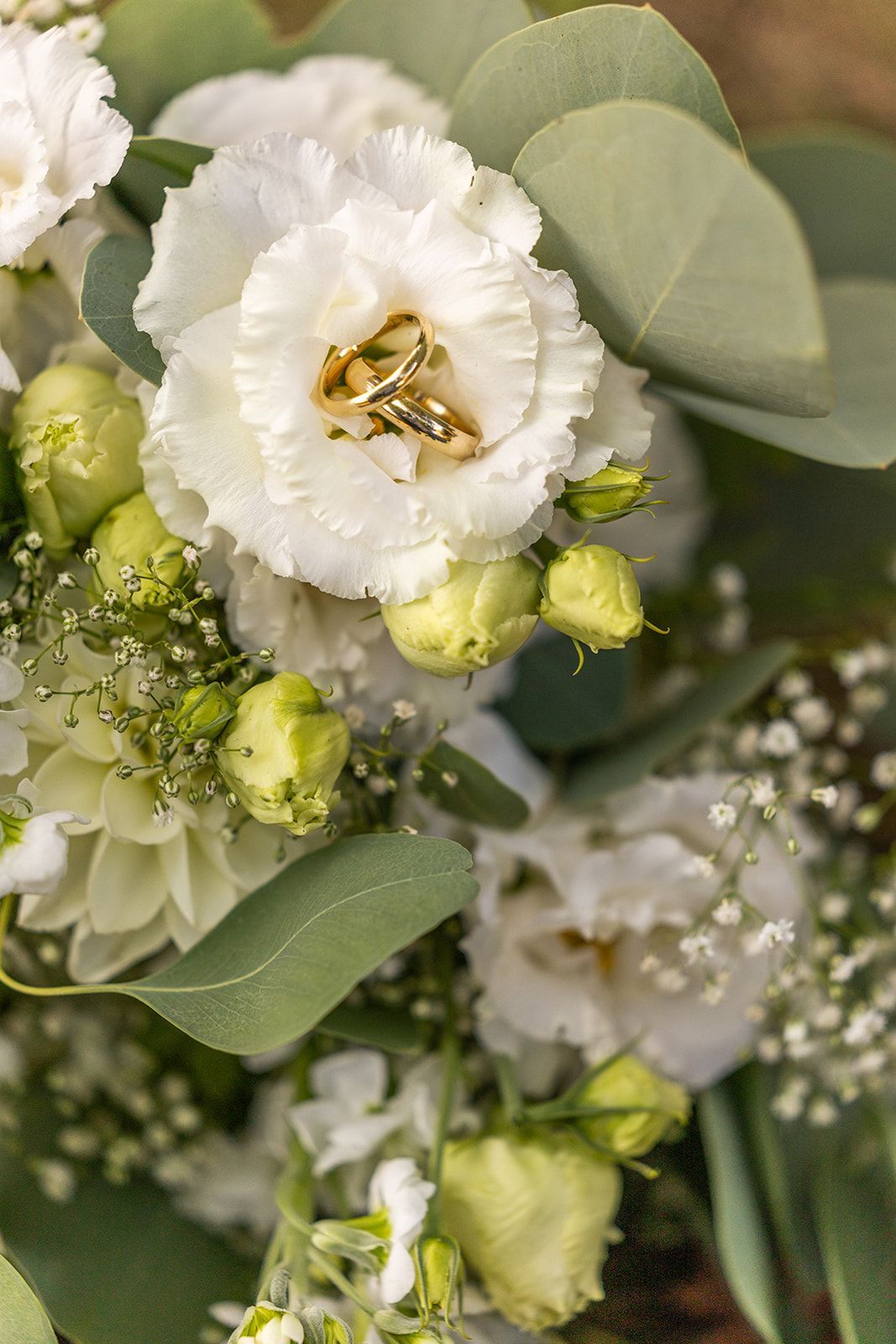 Trouwringen in een boeket van witte bloemen, groen en kleine knoppen.