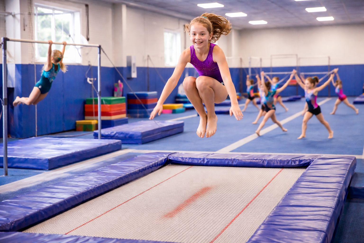Girl jumping on a trampoline in a gym. Other gymnasts in background.