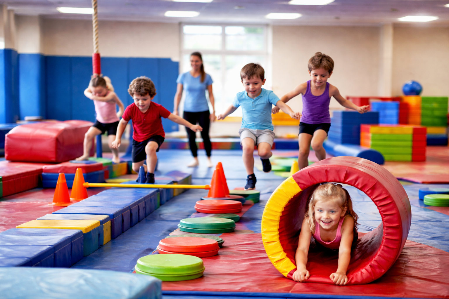Children playing on an obstacle course in a gymnasium, supervised by an instructor.