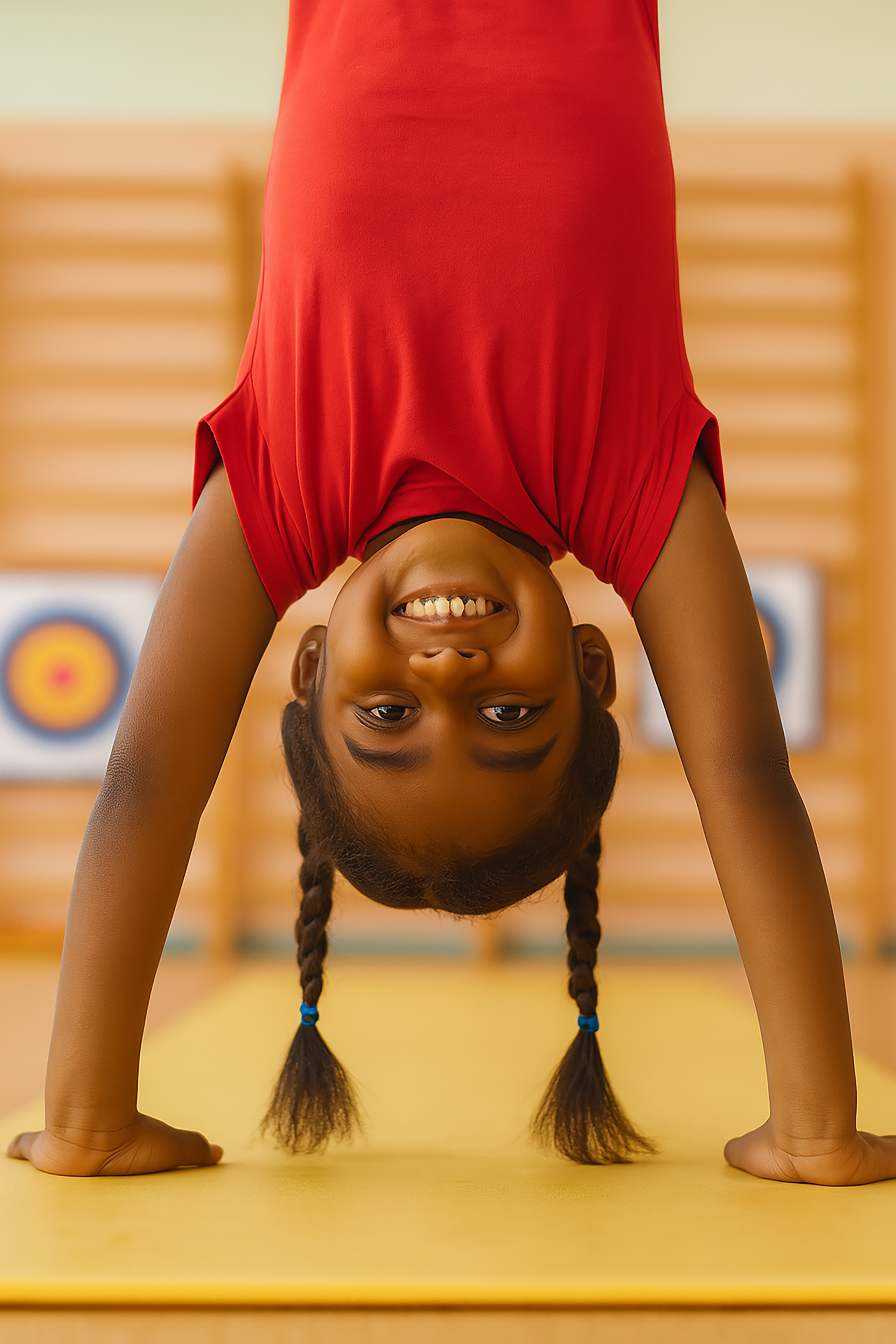 Girl in red shirt, doing a handstand on a yellow mat, smiling.